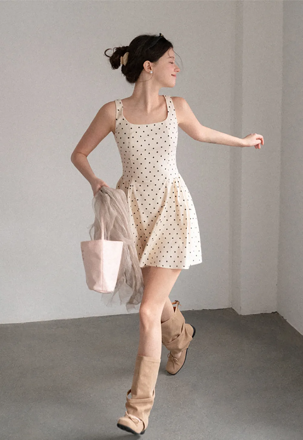 Polka Dot Square Neck Sleeveless A Line Dress