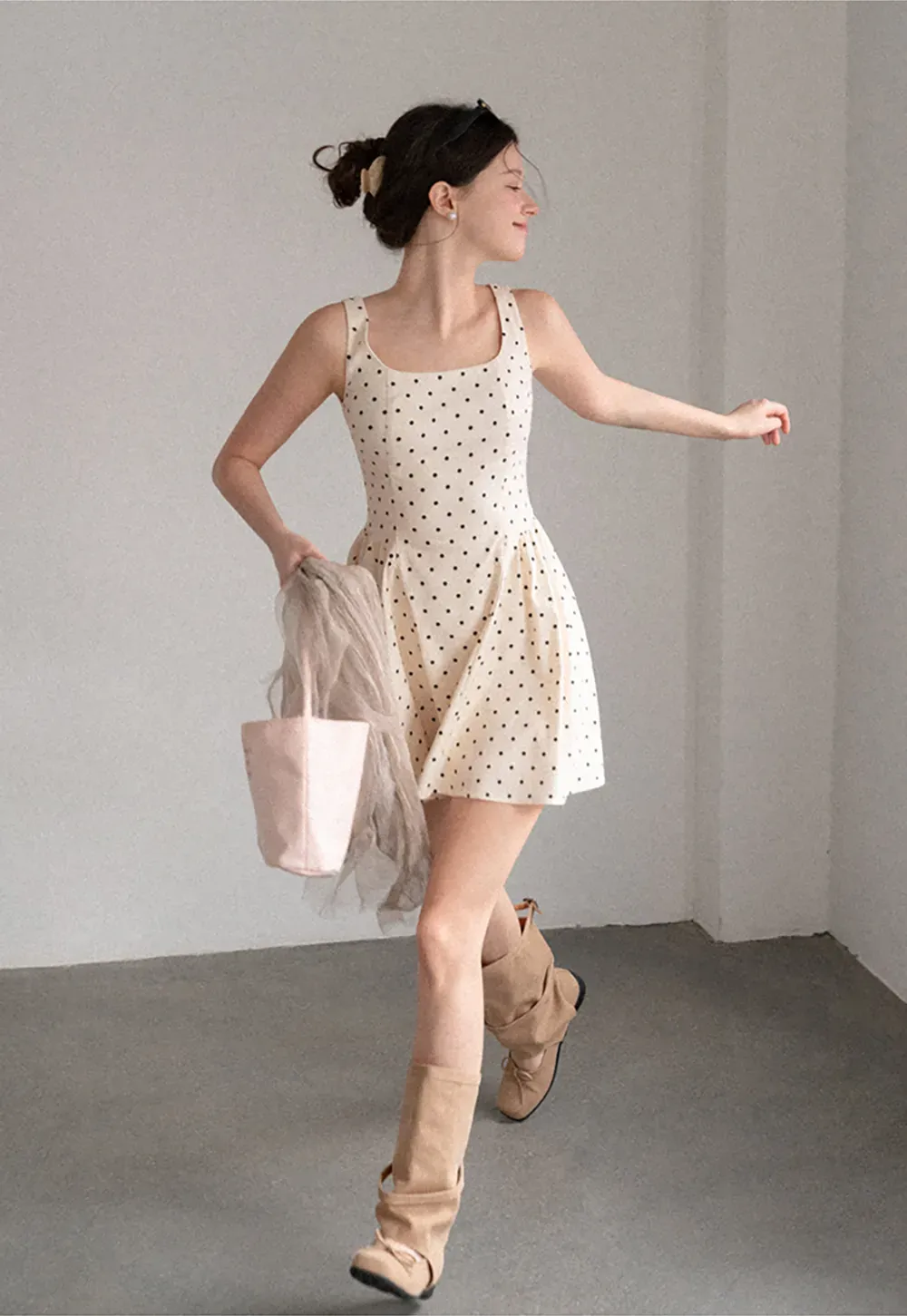 Polka Dot Square Neck Sleeveless A Line Dress