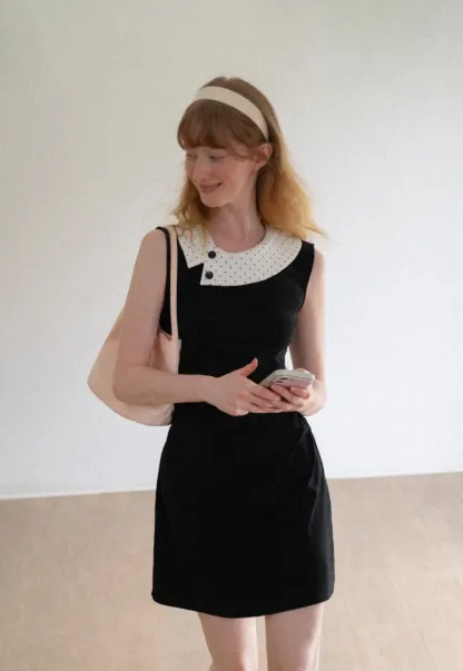 Polka Dot Collar Contrast Panel Sleeveless Dress
