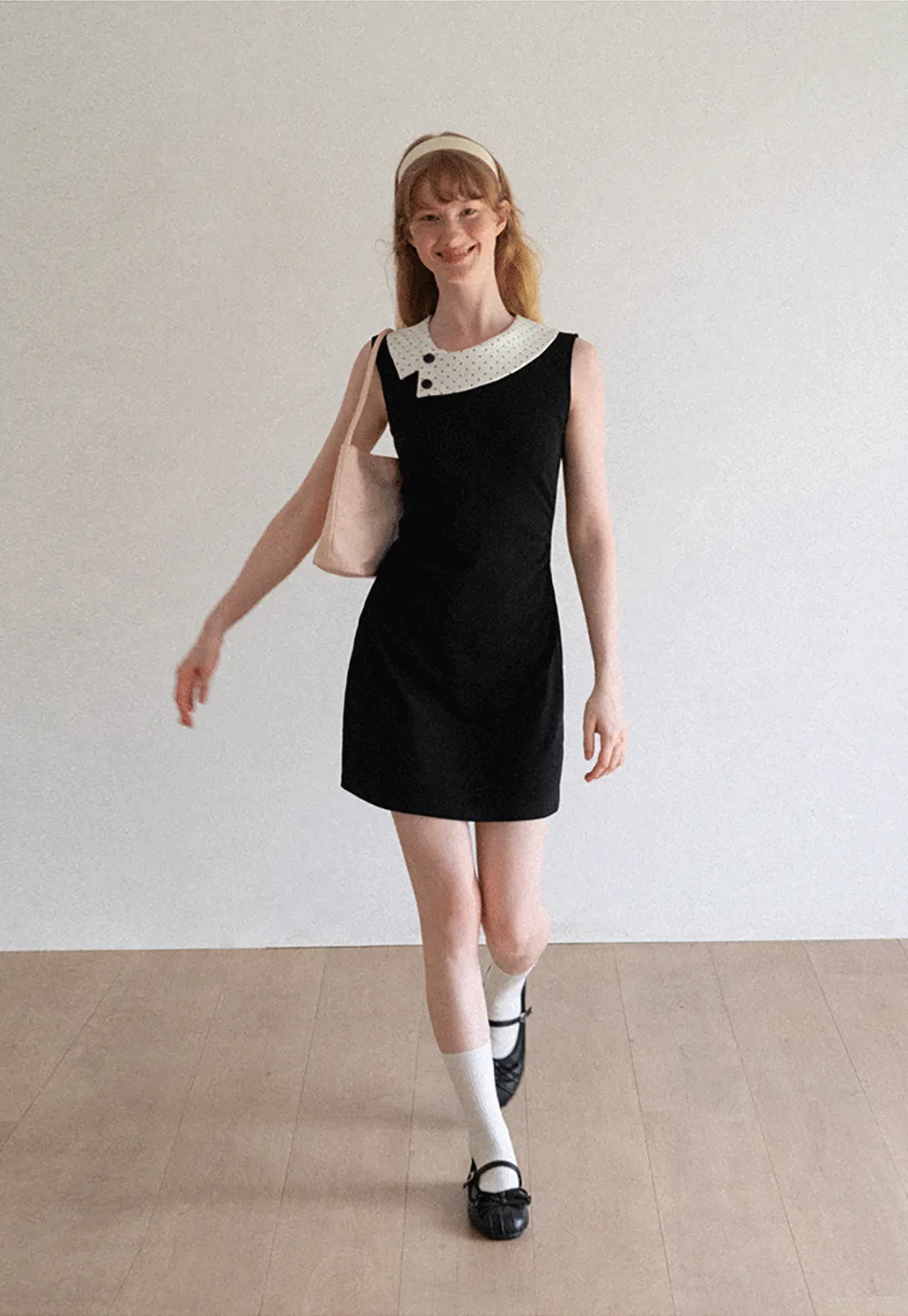 Polka Dot Collar Contrast Panel Sleeveless Dress