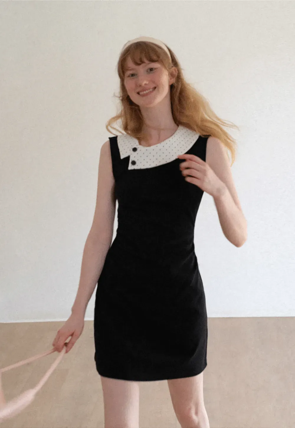 Polka Dot Collar Contrast Panel Sleeveless Dress