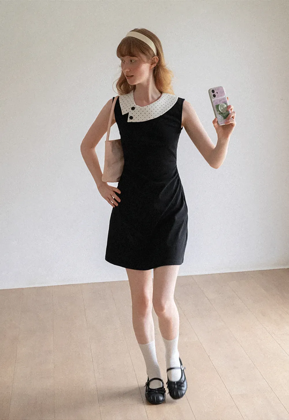 Polka Dot Collar Contrast Panel Sleeveless Dress