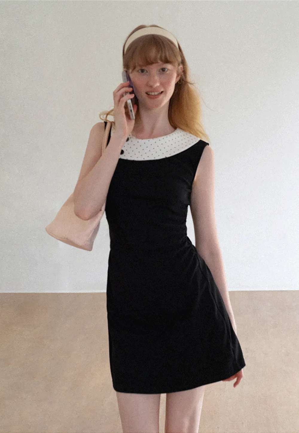 Polka Dot Collar Contrast Panel Sleeveless Dress