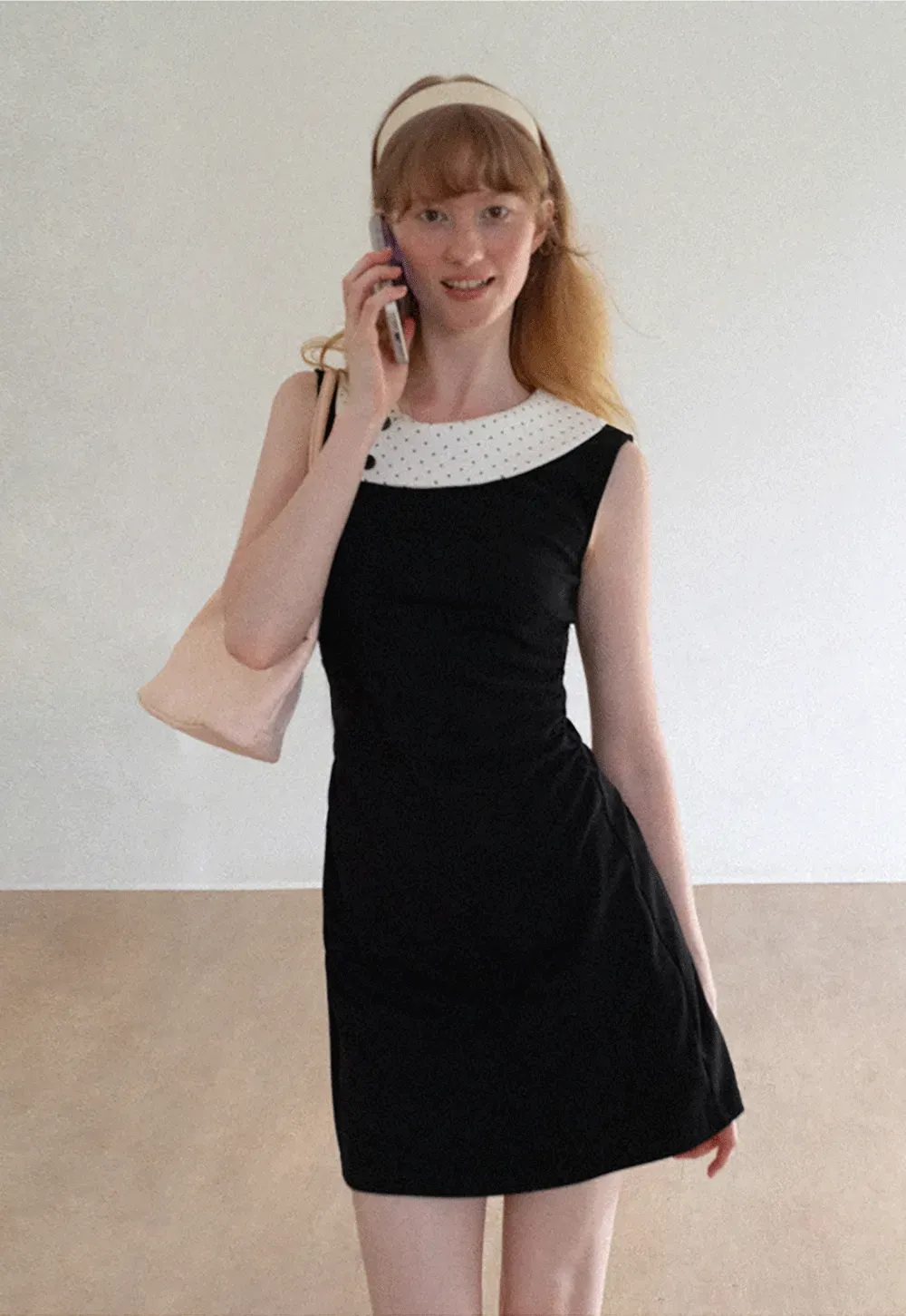 Polka Dot Collar Contrast Panel Sleeveless Dress