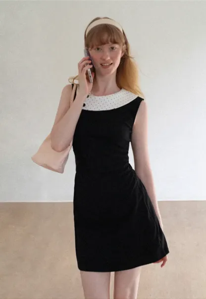 Polka Dot Collar Contrast Panel Sleeveless Dress