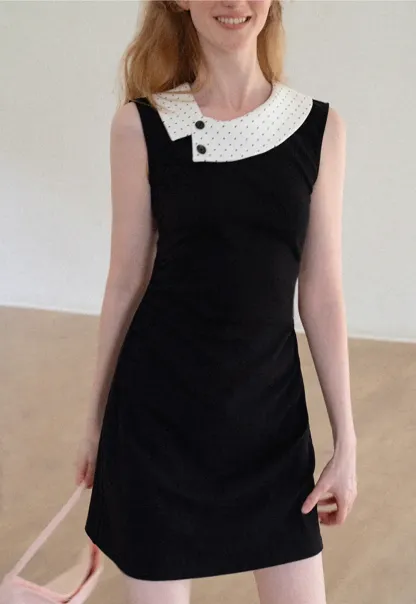 Polka Dot Collar Contrast Panel Sleeveless Dress