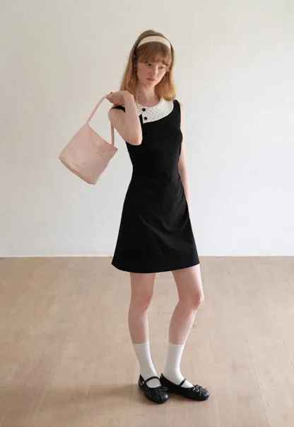 Polka Dot Collar Contrast Panel Sleeveless Dress