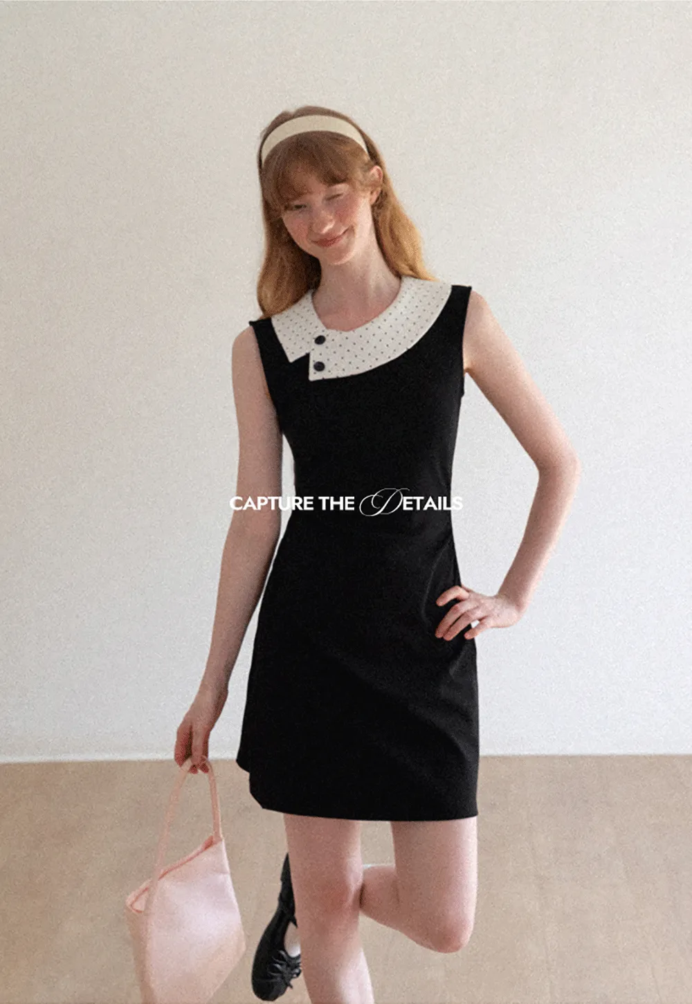 Polka Dot Collar Contrast Panel Sleeveless Dress