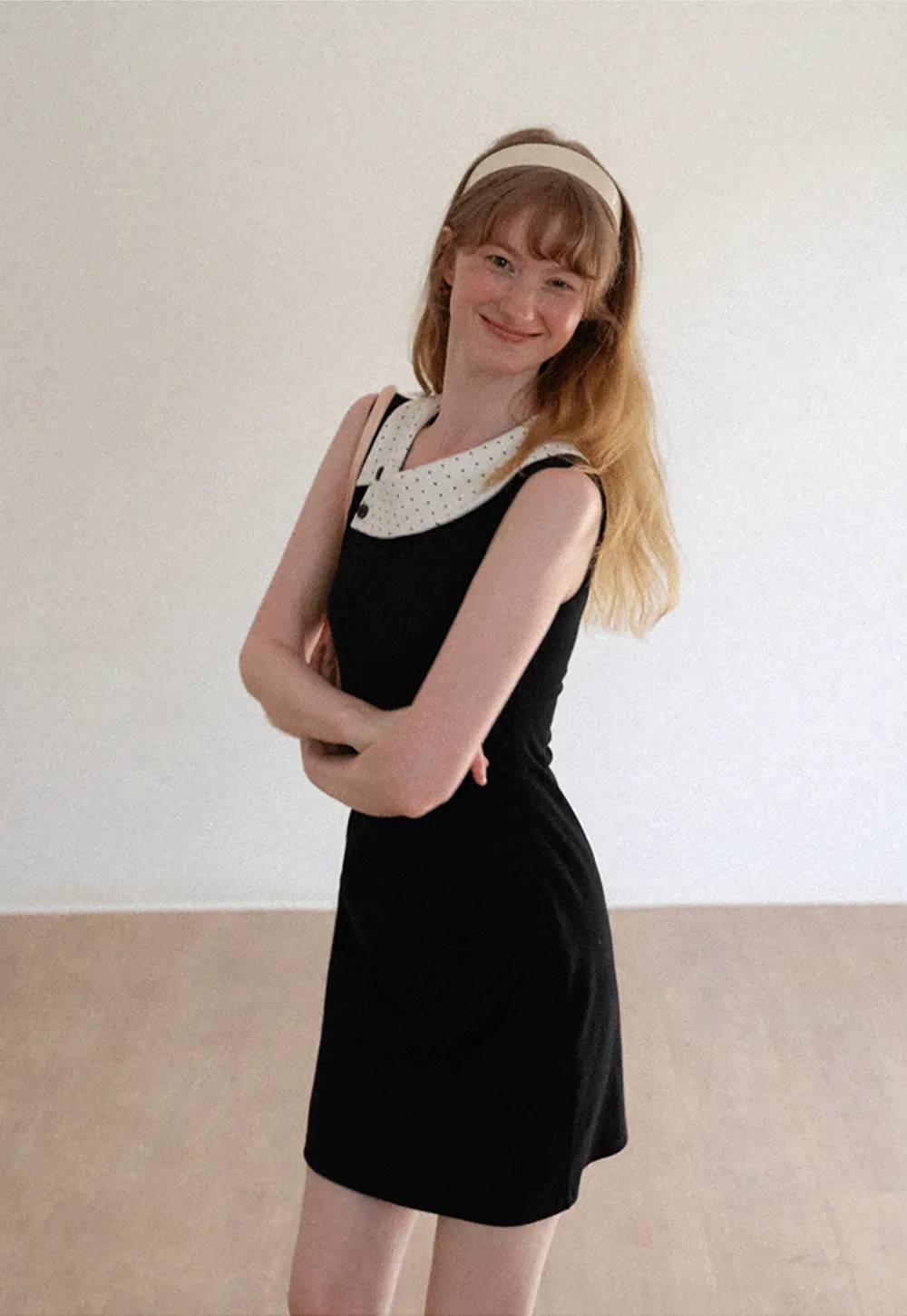 Polka Dot Collar Contrast Panel Sleeveless Dress