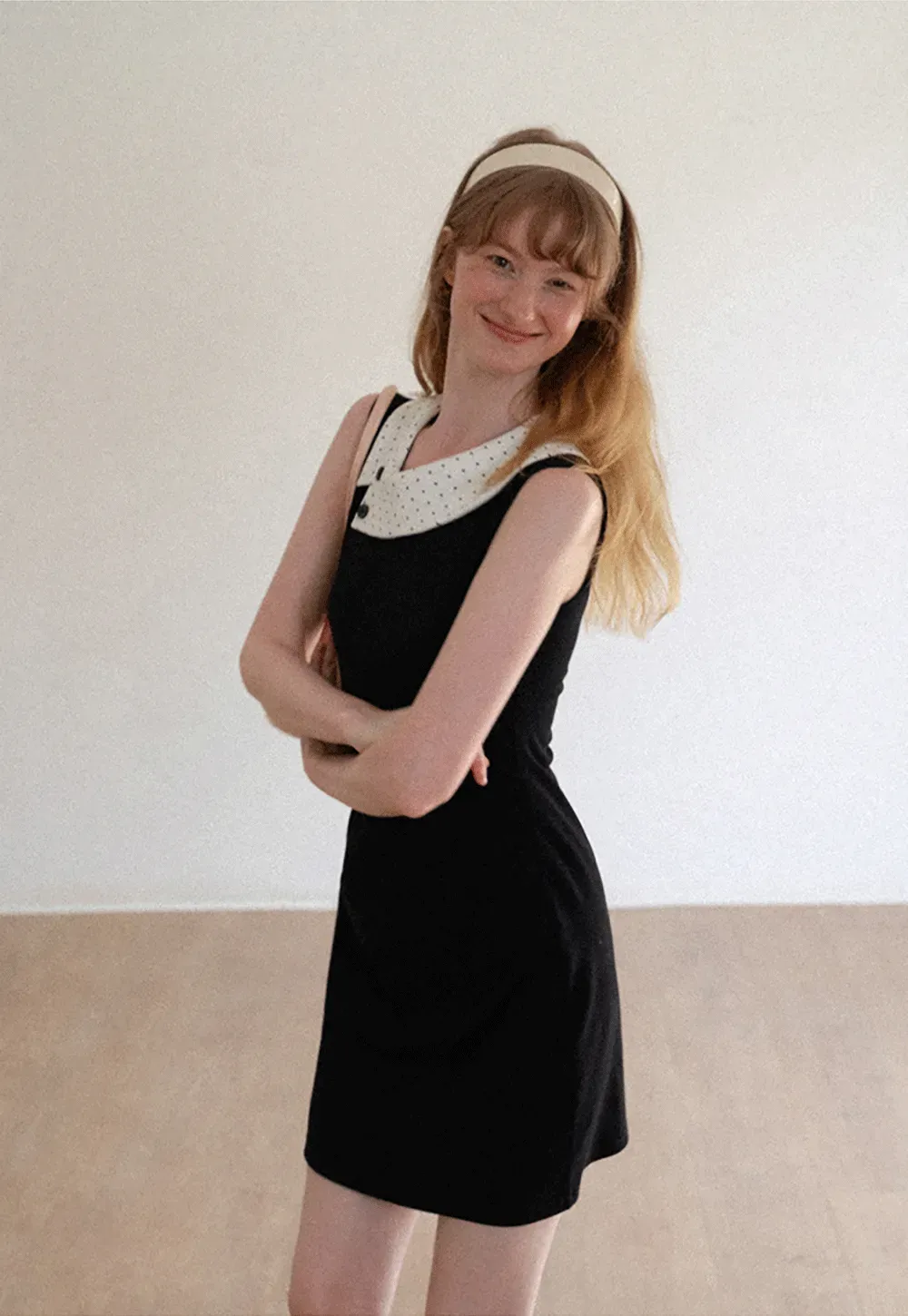 Polka Dot Collar Contrast Panel Sleeveless Dress