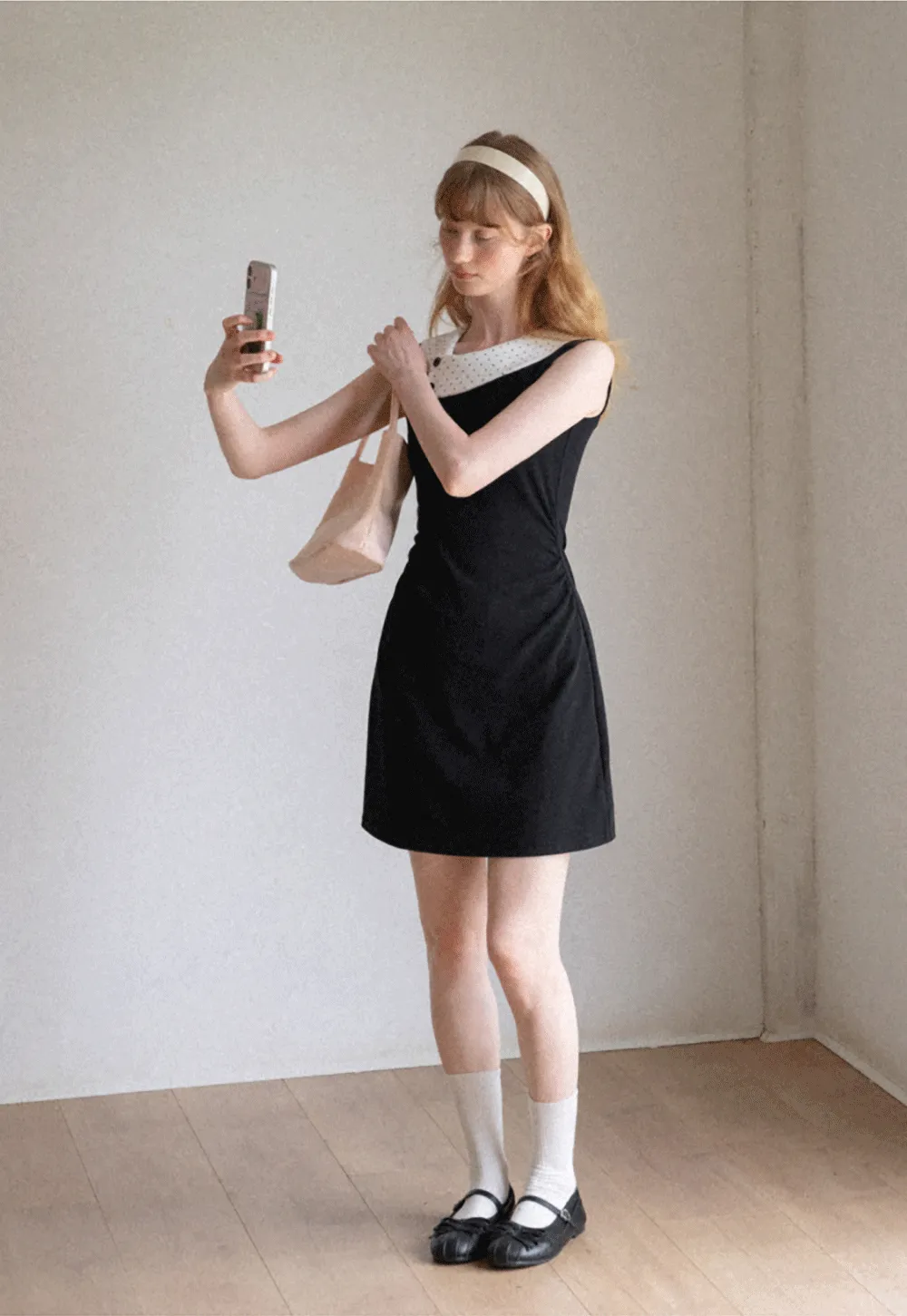 Polka Dot Collar Contrast Panel Sleeveless Dress