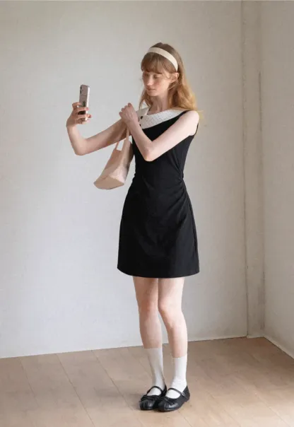 Polka Dot Collar Contrast Panel Sleeveless Dress