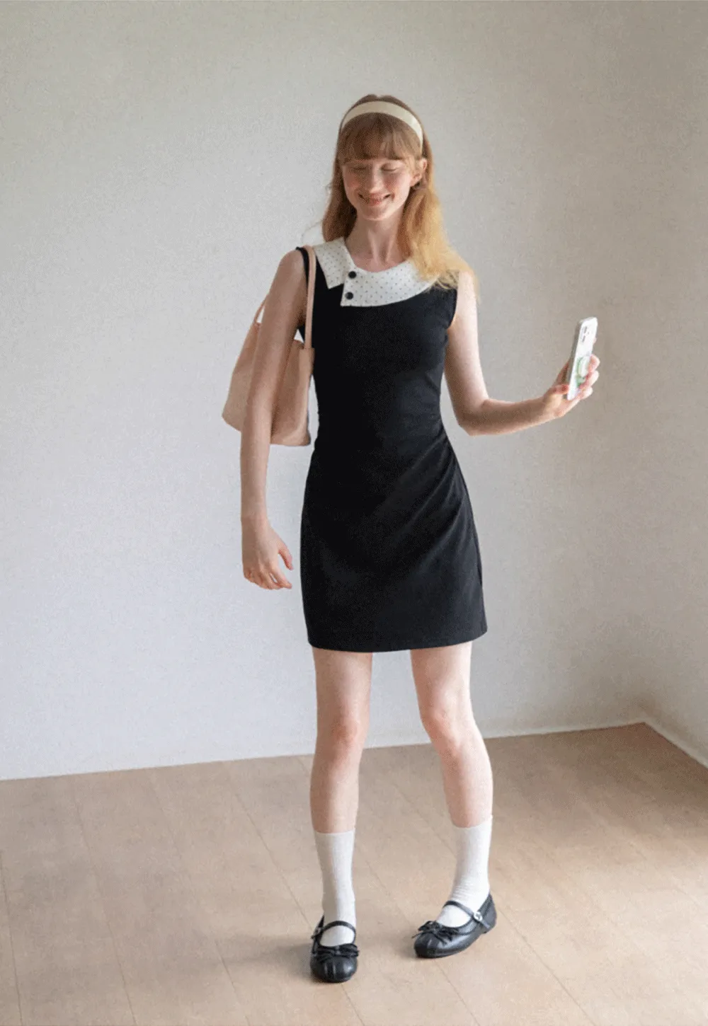 Polka Dot Collar Contrast Panel Sleeveless Dress