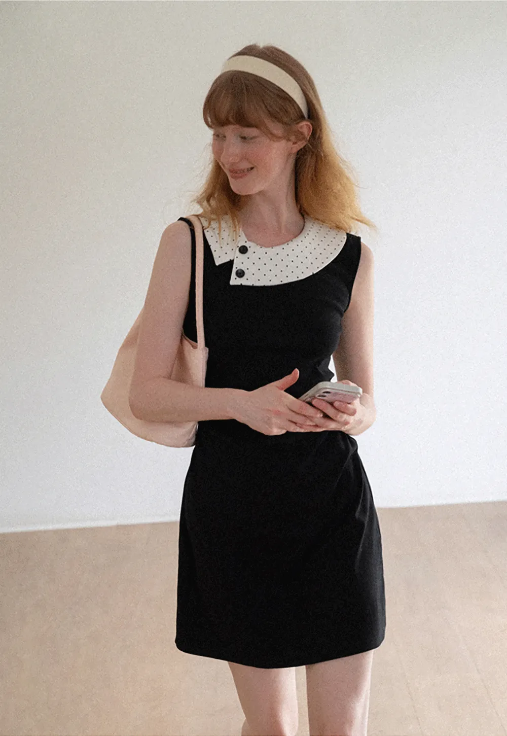 Polka Dot Collar Contrast Panel Sleeveless Dress