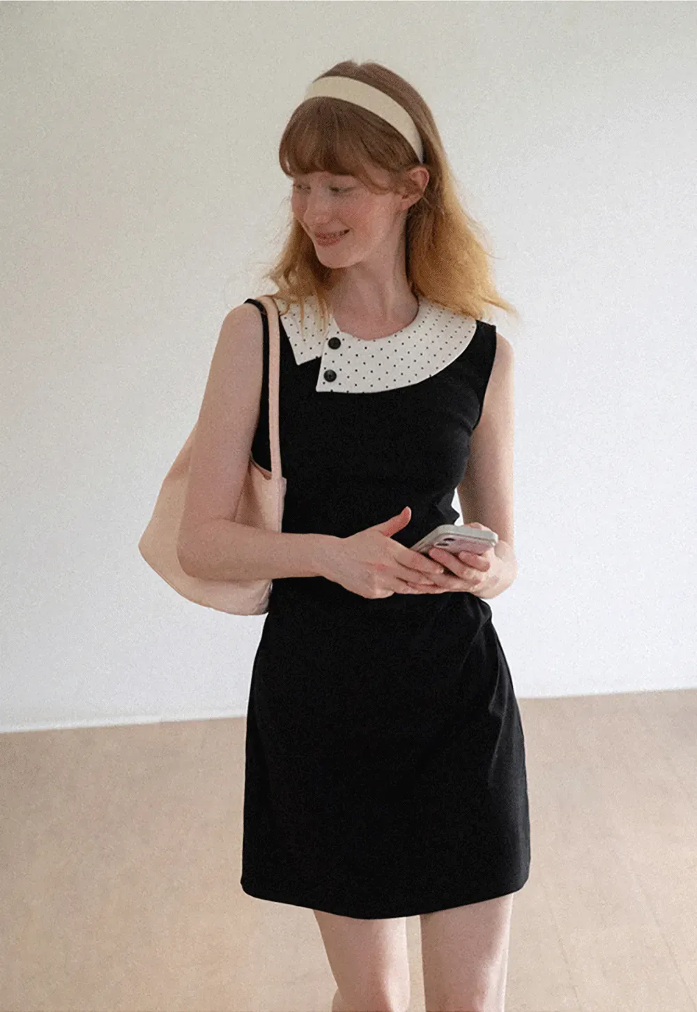 Polka Dot Collar Contrast Panel Sleeveless Dress