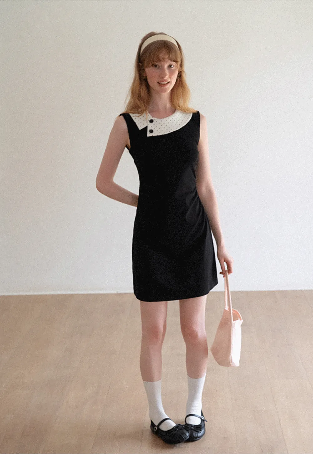 Polka Dot Collar Contrast Panel Sleeveless Dress