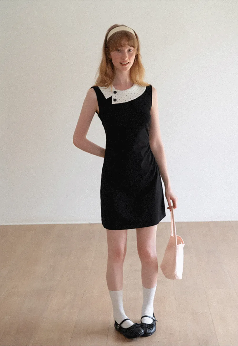 Polka Dot Collar Contrast Panel Sleeveless Dress