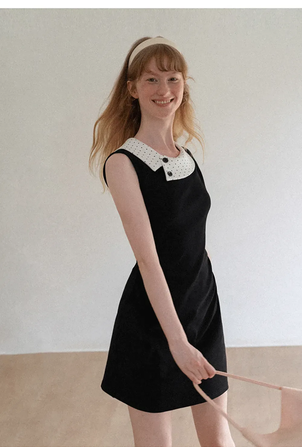 Polka Dot Collar Contrast Panel Sleeveless Dress