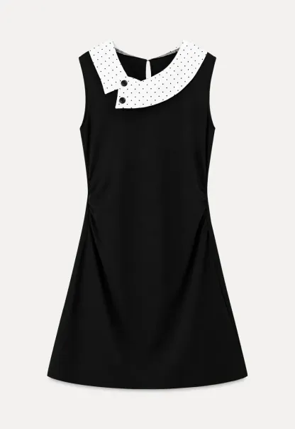 Polka Dot Collar Contrast Panel Sleeveless Dress