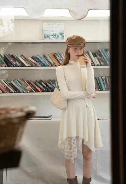 Asymmetrical Hem Lace Panel Knit Dress