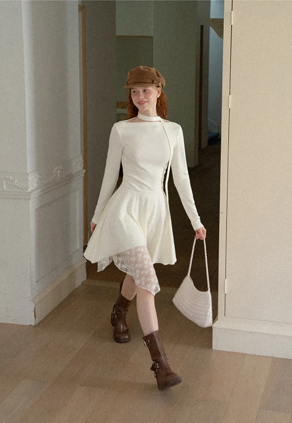 Asymmetrical Hem Lace Panel Knit Dress