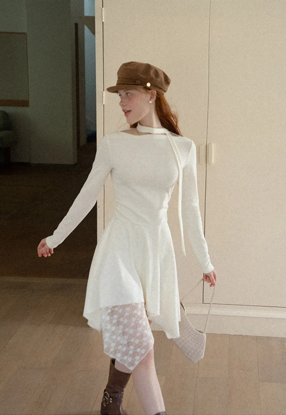 Asymmetrical Hem Lace Panel Knit Dress