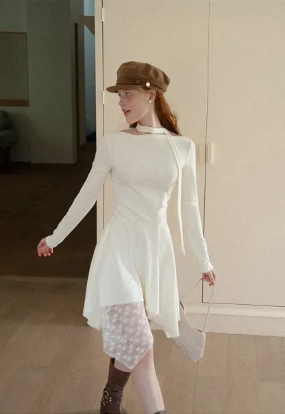 Asymmetrical Hem Lace Panel Knit Dress