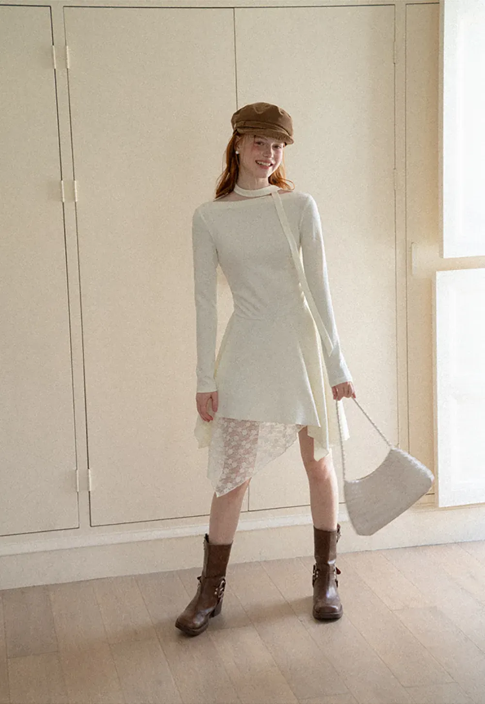 Asymmetrical Hem Lace Panel Knit Dress