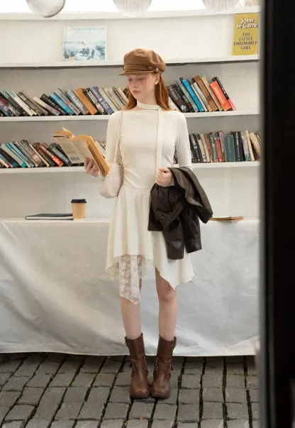 Asymmetrical Hem Lace Panel Knit Dress