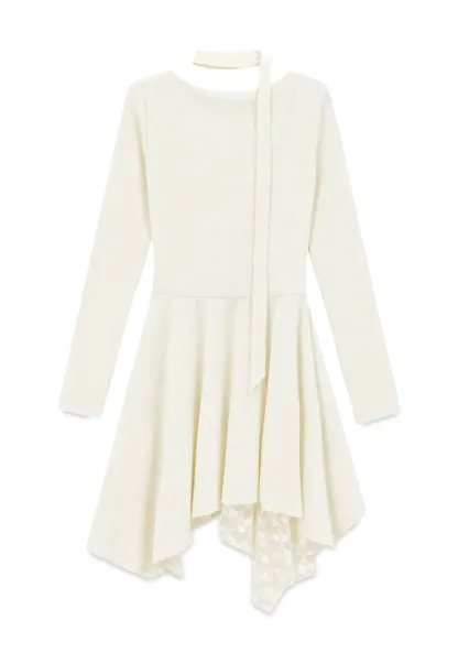 Asymmetrical Hem Lace Panel Knit Dress