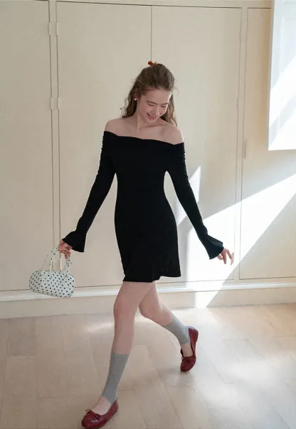Off Shoulder Long Sleeve Flared Cuff Mini Dress