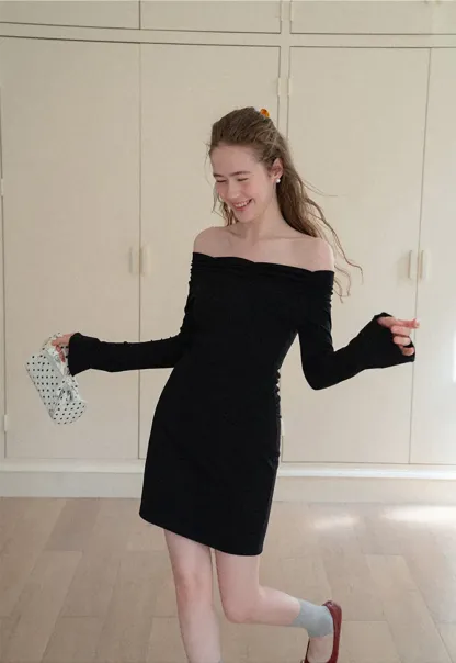 Off Shoulder Long Sleeve Flared Cuff Mini Dress