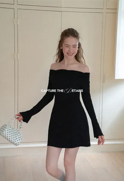 Off Shoulder Long Sleeve Flared Cuff Mini Dress