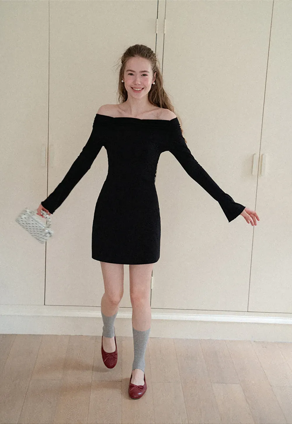 Off Shoulder Long Sleeve Flared Cuff Mini Dress