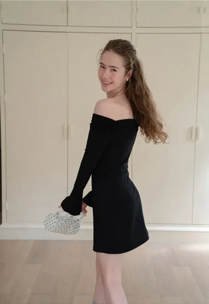 Off Shoulder Long Sleeve Flared Cuff Mini Dress