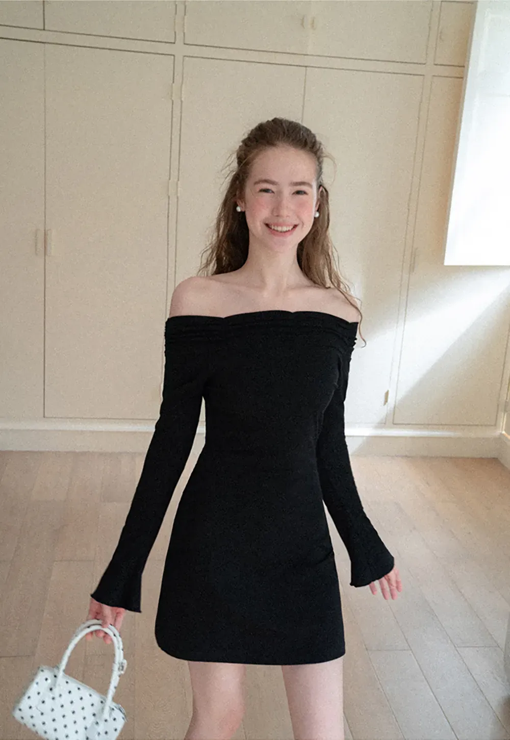 Off Shoulder Long Sleeve Flared Cuff Mini Dress