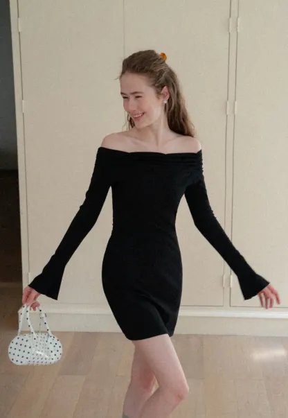 Off Shoulder Long Sleeve Flared Cuff Mini Dress