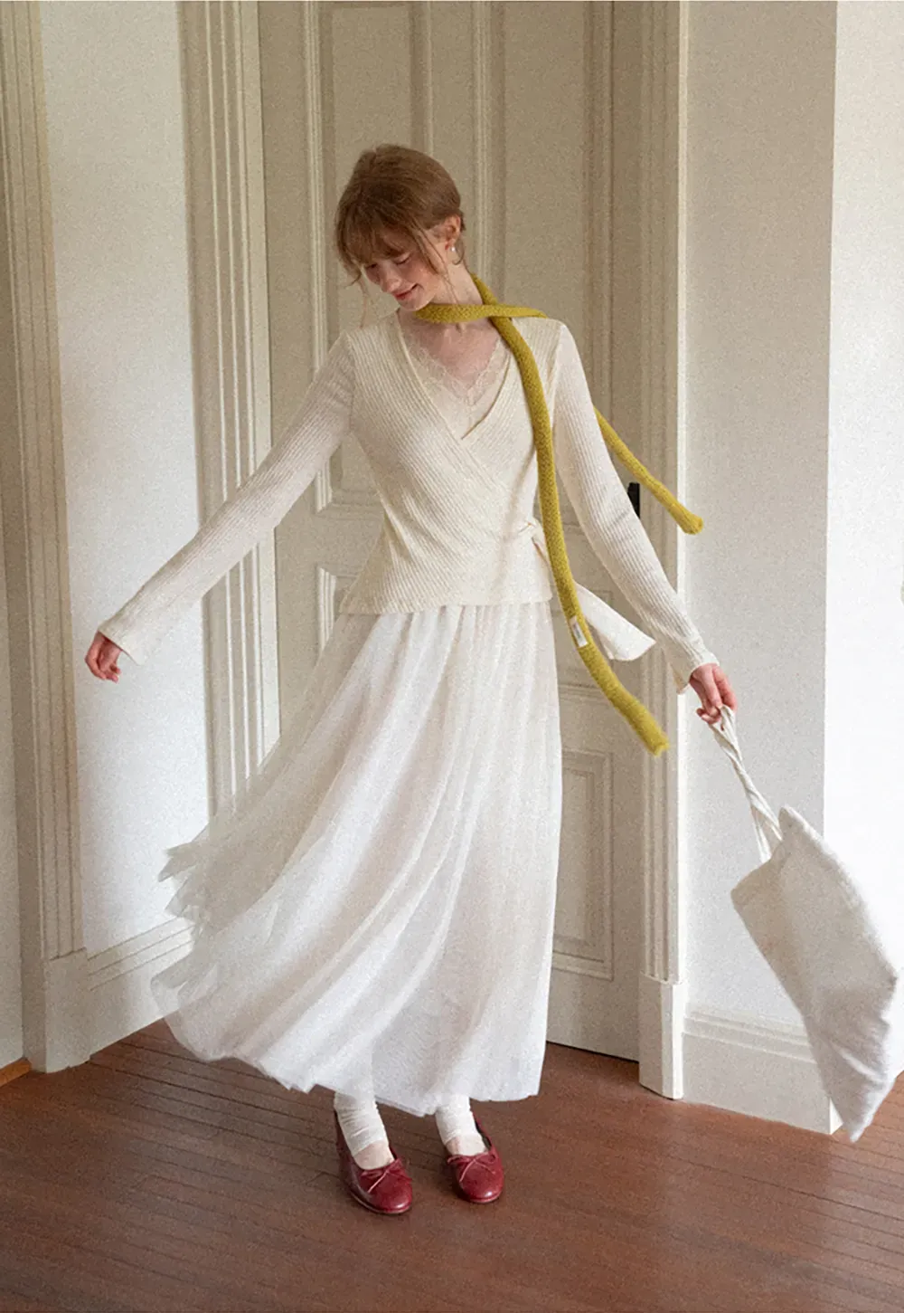 Ribbed Knit Wrap Top with Flowing Maxi Skirt Dress