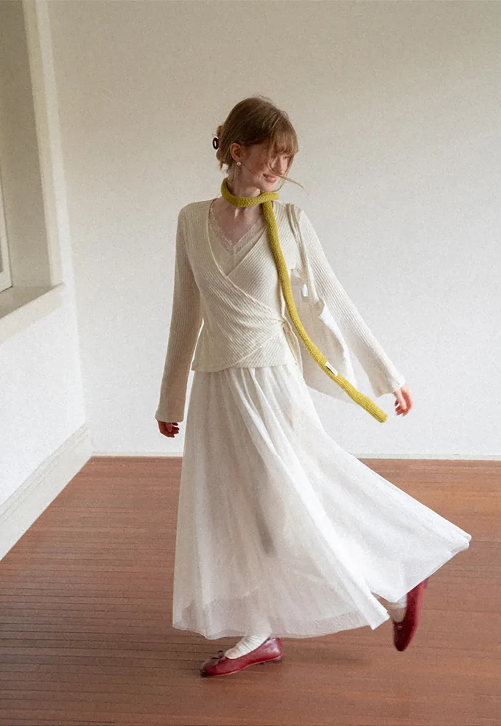 Ribbed Knit Wrap Top with Flowing Maxi Skirt Dress