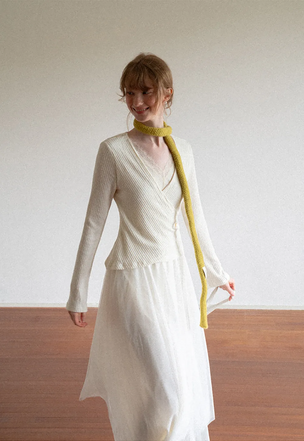 Ribbed Knit Wrap Top with Flowing Maxi Skirt Dress