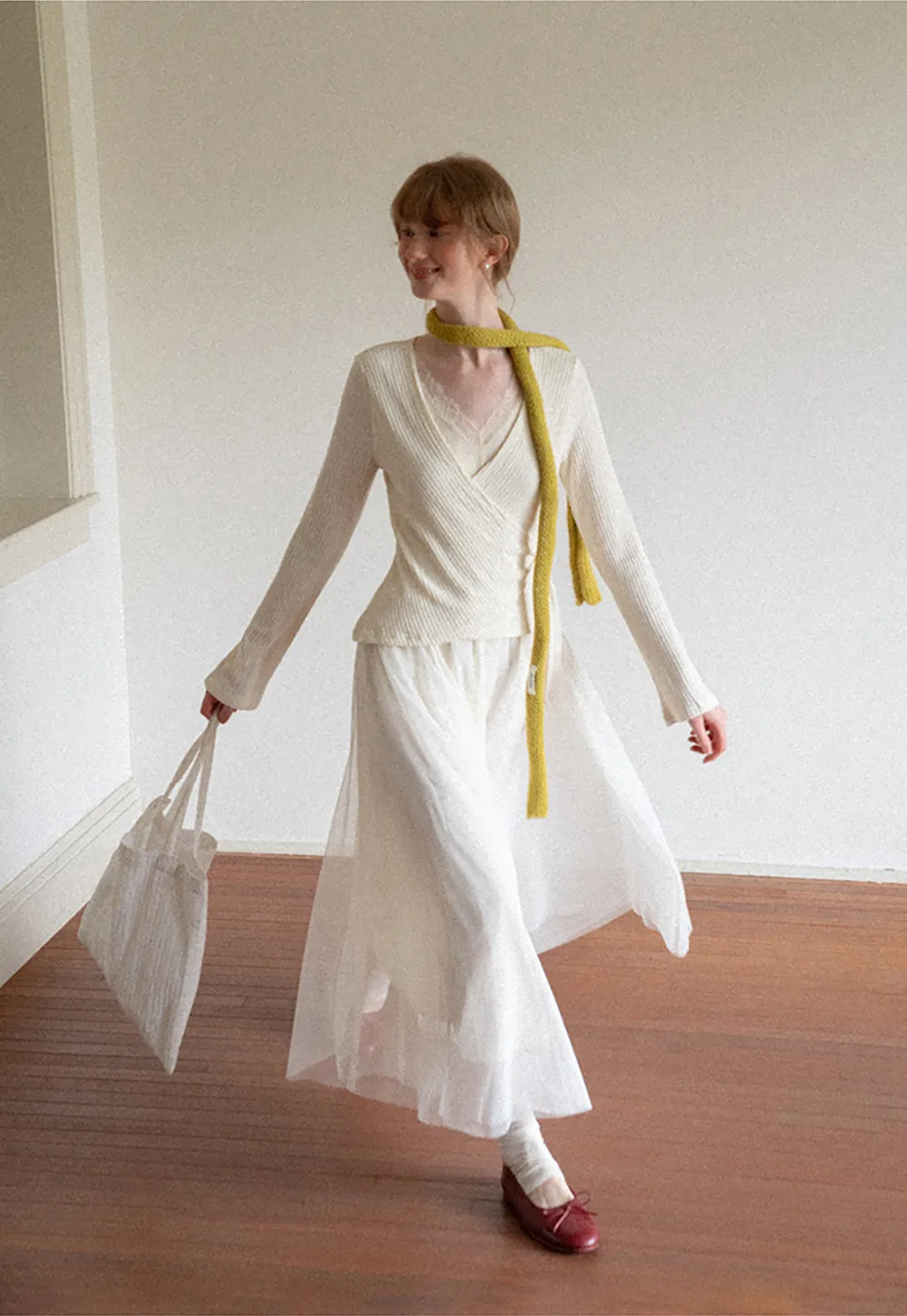 Ribbed Knit Wrap Top with Flowing Maxi Skirt Dress