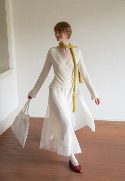 Ribbed Knit Wrap Top with Flowing Maxi Skirt Dress