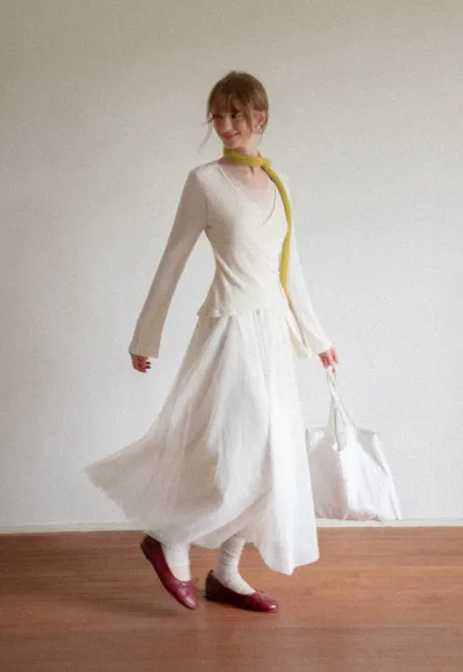 Ribbed Knit Wrap Top with Flowing Maxi Skirt Dress