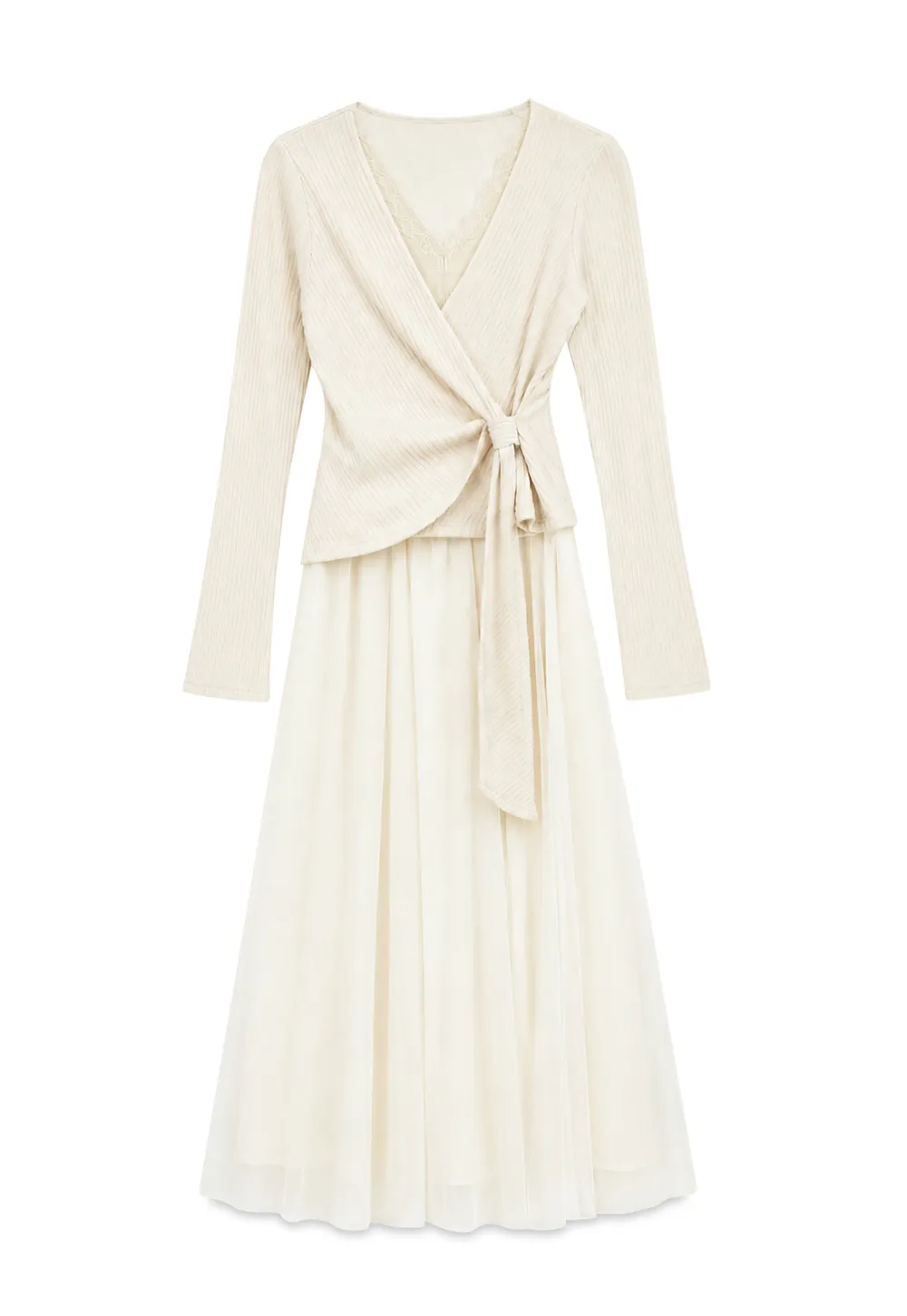 Ribbed Knit Wrap Top with Flowing Maxi Skirt Dress