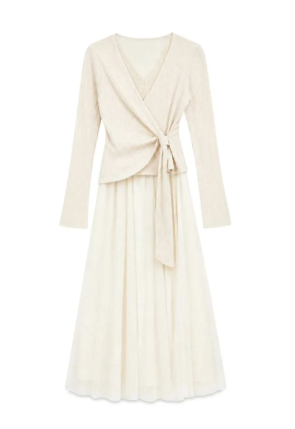 Ribbed Knit Wrap Top with Flowing Maxi Skirt Dress