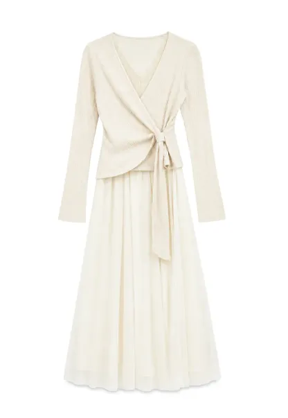 Ribbed Knit Wrap Top with Flowing Maxi Skirt Dress