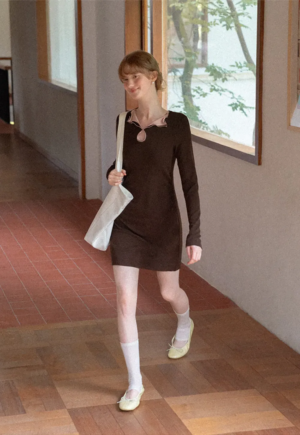 Ruffled Collar Long Sleeve Knit Dress