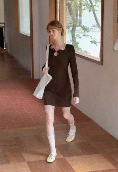 Ruffled Collar Long Sleeve Knit Dress