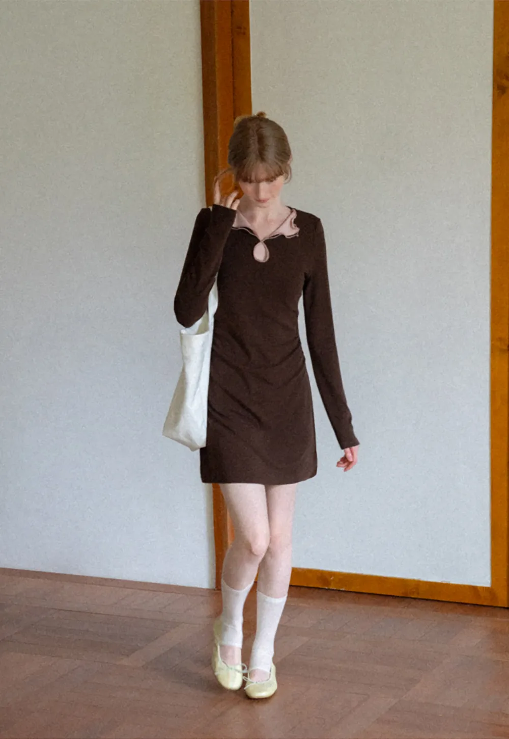 Ruffled Collar Long Sleeve Knit Dress