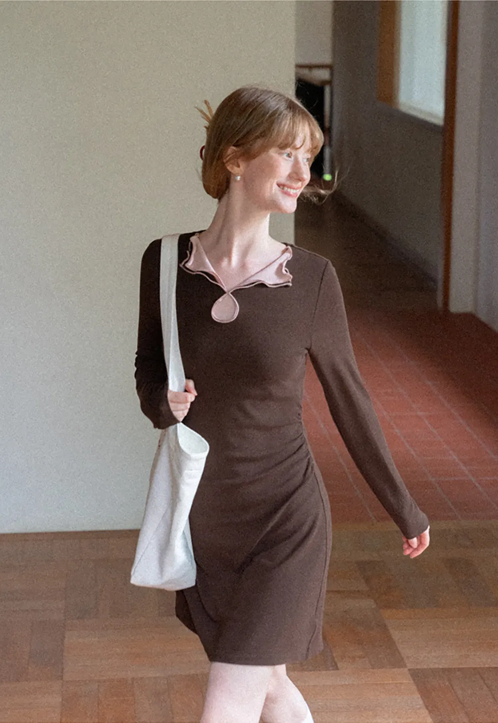 Ruffled Collar Long Sleeve Knit Dress